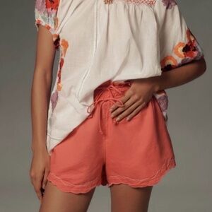 🟠NWT ANTHROPOLOGIE Linen Double Waistband Shorts with Pockets in Coral MED